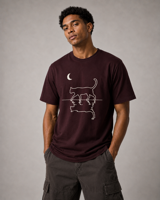 Color: Oxblood Black | Moonlit Reflection tee front Model 1