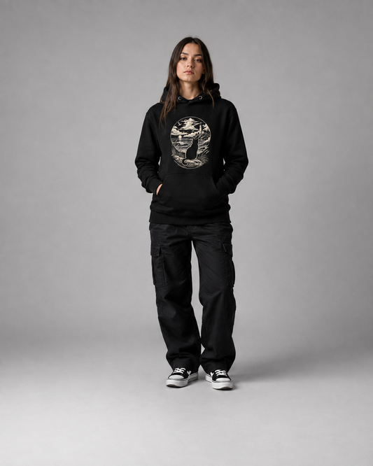 Color: Black | Still Point hoodie front Model 2