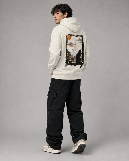 Color: Oatmeal Heather | Evening Watch hoodie back Model 1