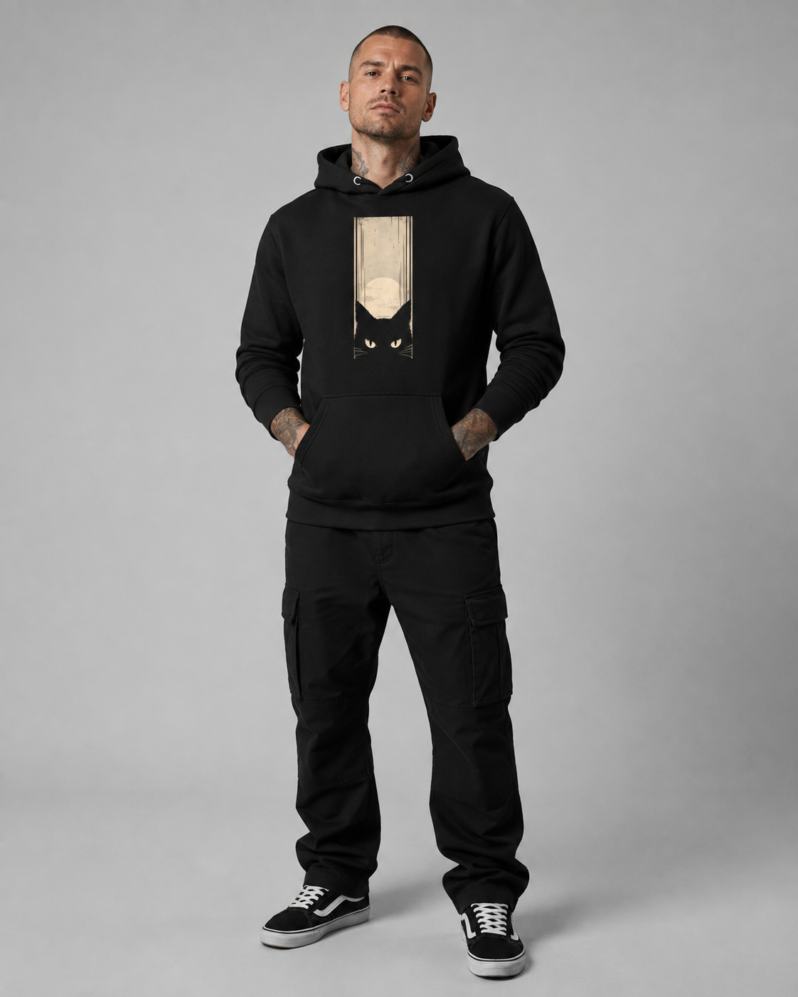 Color: Black | Eye Contact hoodie front Model 2