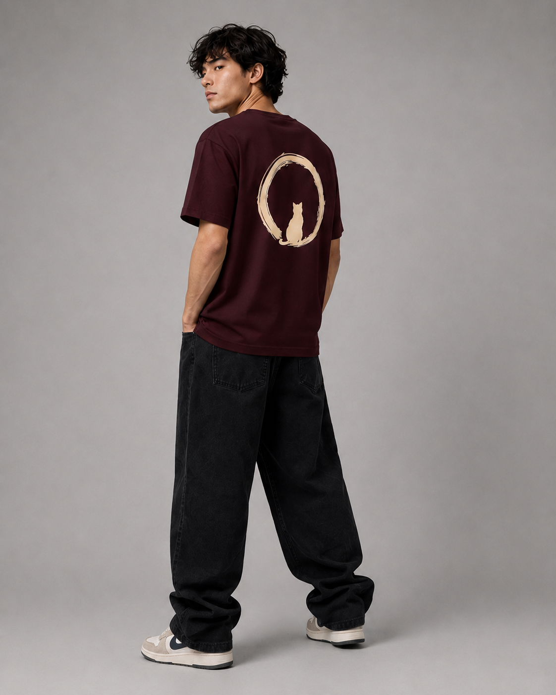 Color: Oxblood Black | Quiet Orbit tee back Model 1