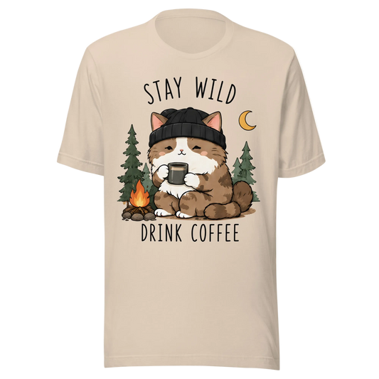 Stay Wild, Drink Coffee Cat T-Shirt – Unisex